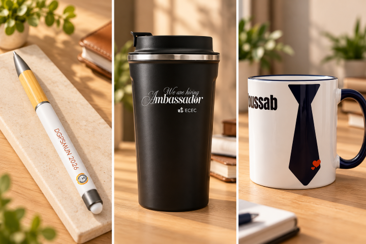 ECEC Ambassador Thermal Travel Tumbler, DGPSMUN Bamboo Pen, and Personalized Tie Mug